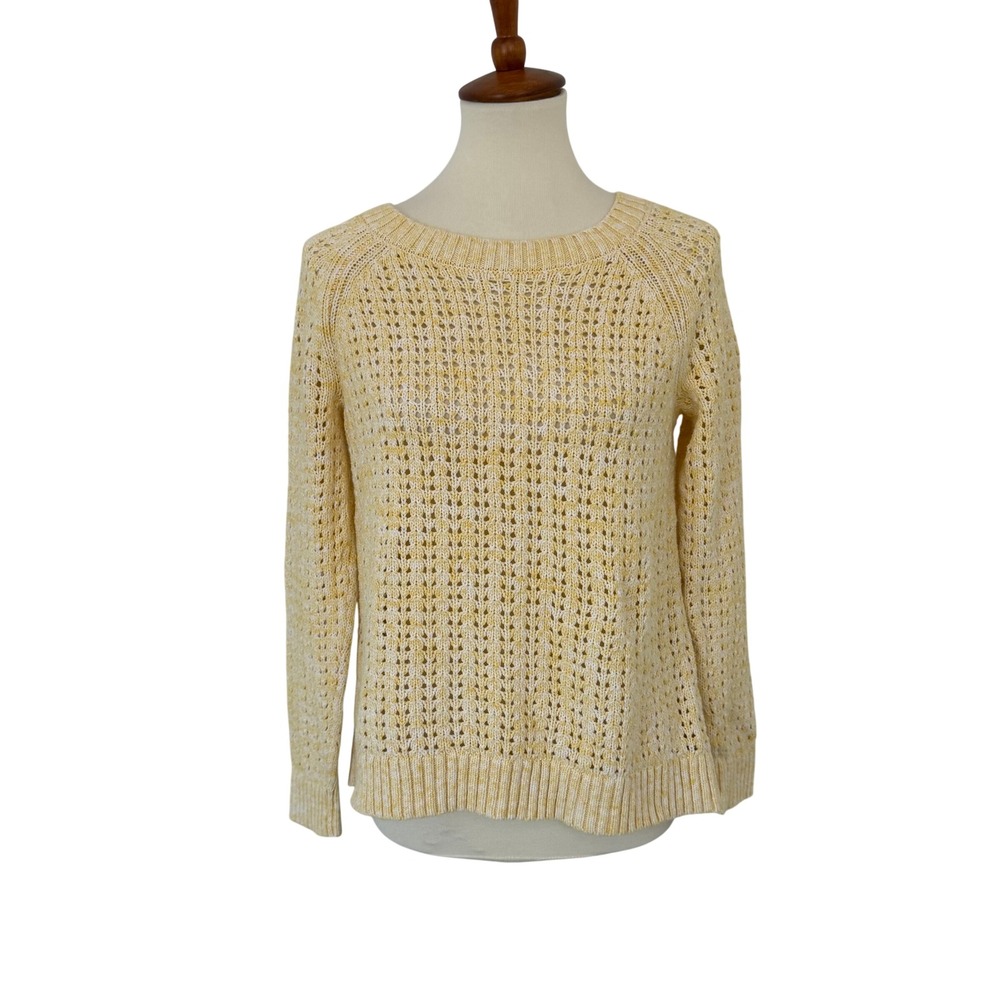 Talbots Yellow White Marled Open Knit Pointelle Sweater Cotton Size M Pastel
